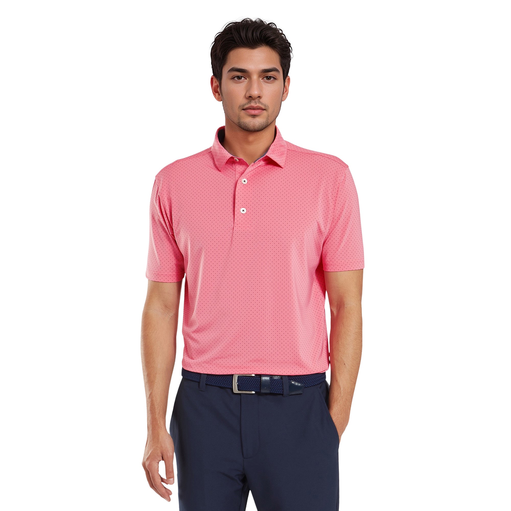 FootJoy Stretch Dot Print Lisle Golf Shirt Pink Lemonade/Dark Denim