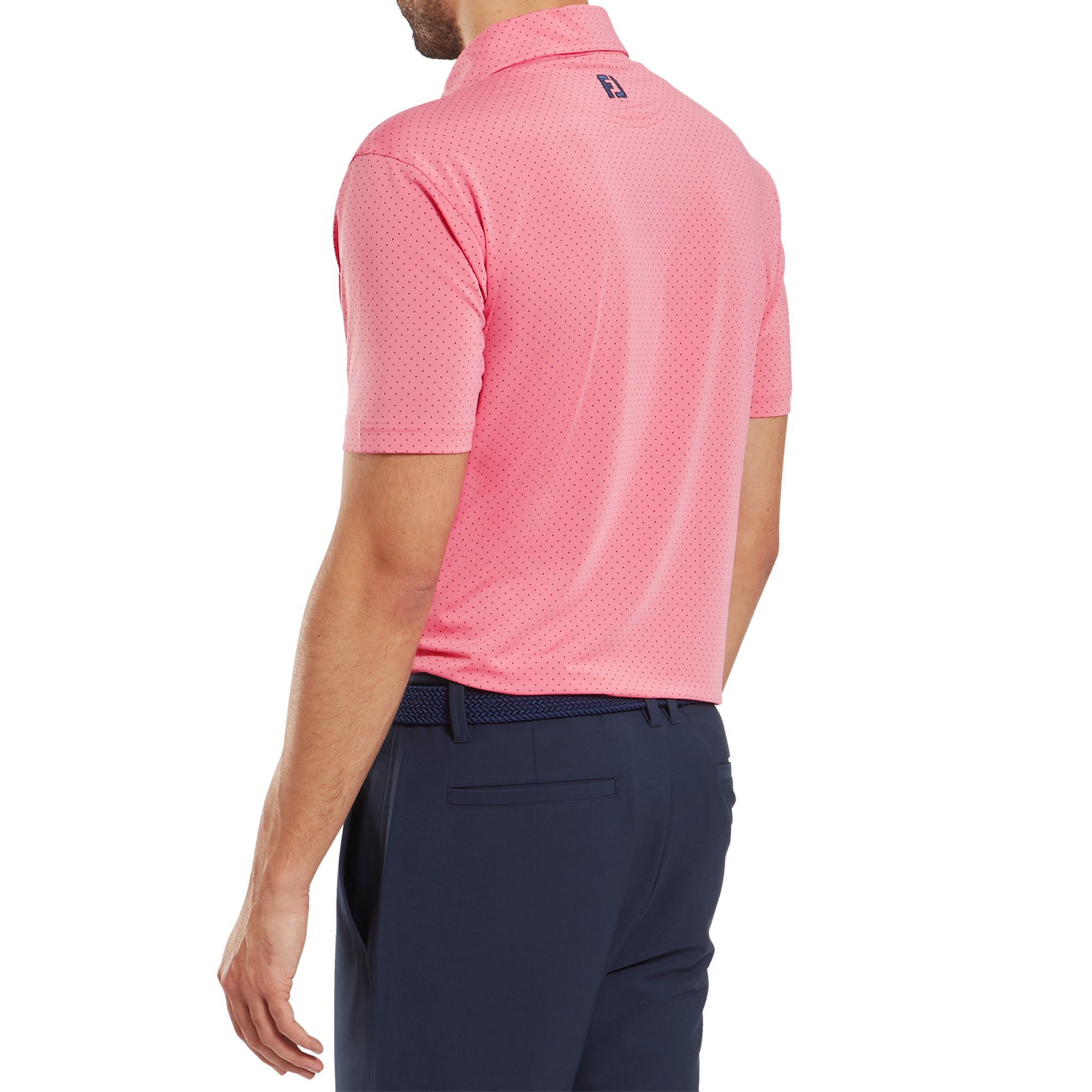 FootJoy Stretch Dot Print Lisle Golf Shirt Pink Lemonade/Dark Denim