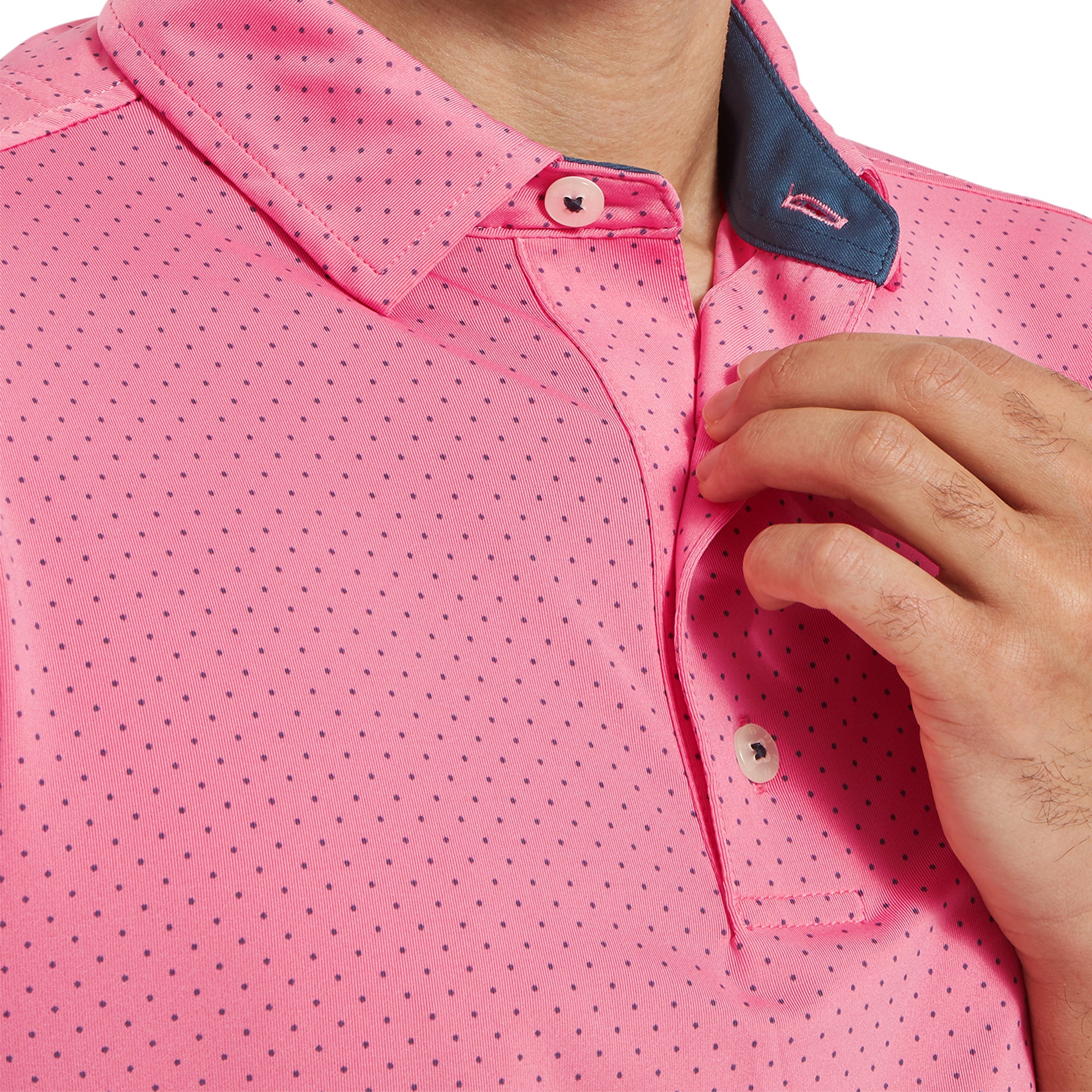 FootJoy Stretch Dot Print Lisle Golf Shirt Pink Lemonade/Dark Denim