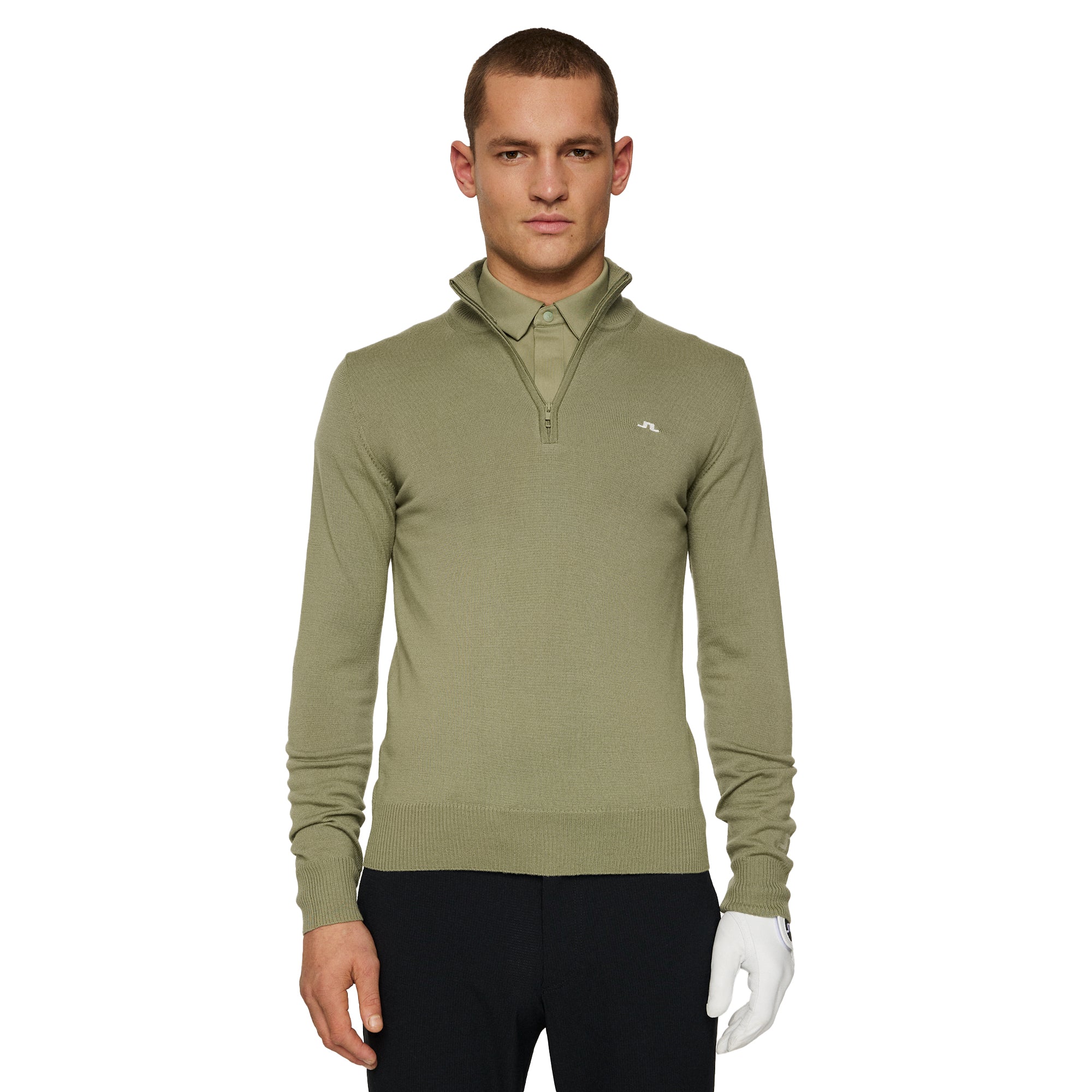 J.Lindeberg Golf Kian Knitted Zip Neck Sweater SS25 Oil Green M311