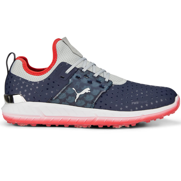 Puma ignite red white 2024 and blue golf shoes